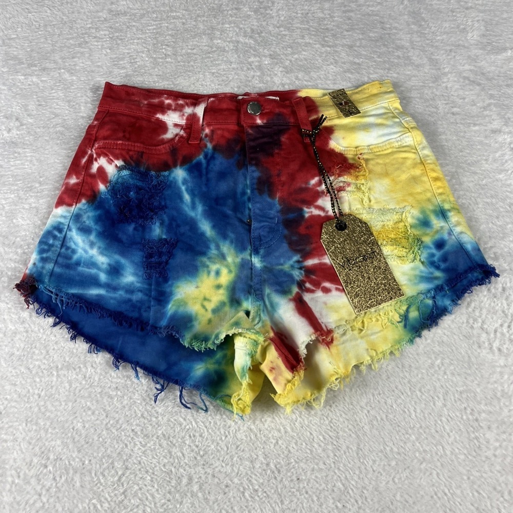 Vibrant M.I.U. Denim Shorts Womens L Multicolor NWT Tie Dye Distressed High Rise